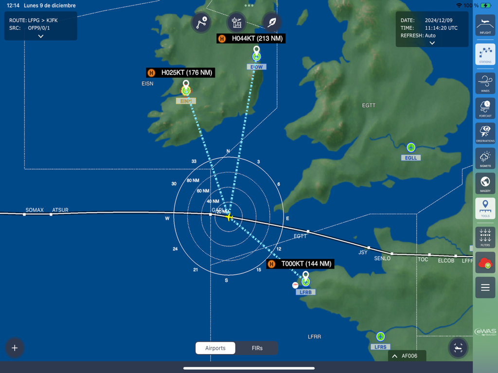 A digital flight navigation map in SITA eWAS showing a flight path and wind data for professional pilots