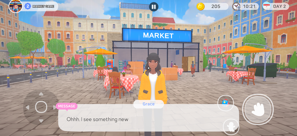 Market Street Tycoon Simulator - Un personaje del juego llamado Grace frente a un mercado en una colorida plaza urbana con asientos al aire libre.