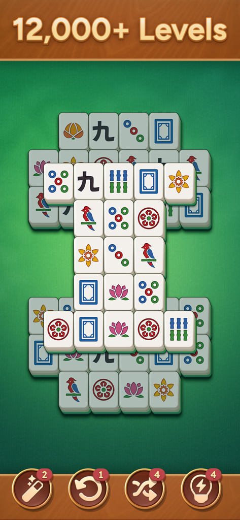 Mahjong Bloom - Pantalla de juego de Mahjong Bloom mostrando un tablero de emparejamiento de losetas con un banner de doce mil niveles