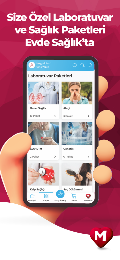 Memorial healthcare app interface showing laboratory and health packages for home medical services