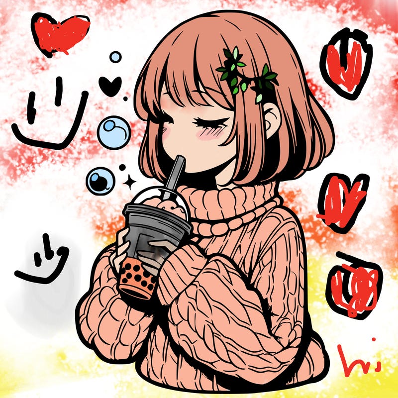 manga girl drinking boba in cozy sweater