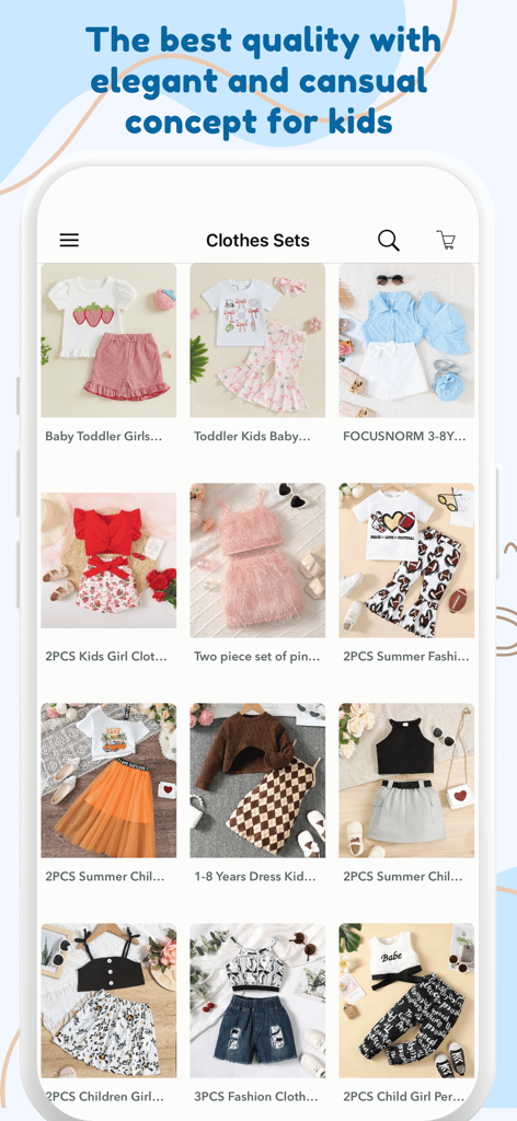 Cheap Kids Clothing Fashion - Schermata dell'app mobile che mostra una collezione di set di abbigliamento per bambini convenienti e alla moda.