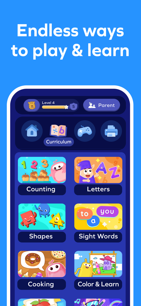 Splash Jr: Toddler Games 2-4 - Splash Jr app dashboard showing educational game categories for toddlers including counting, letters, and shapes