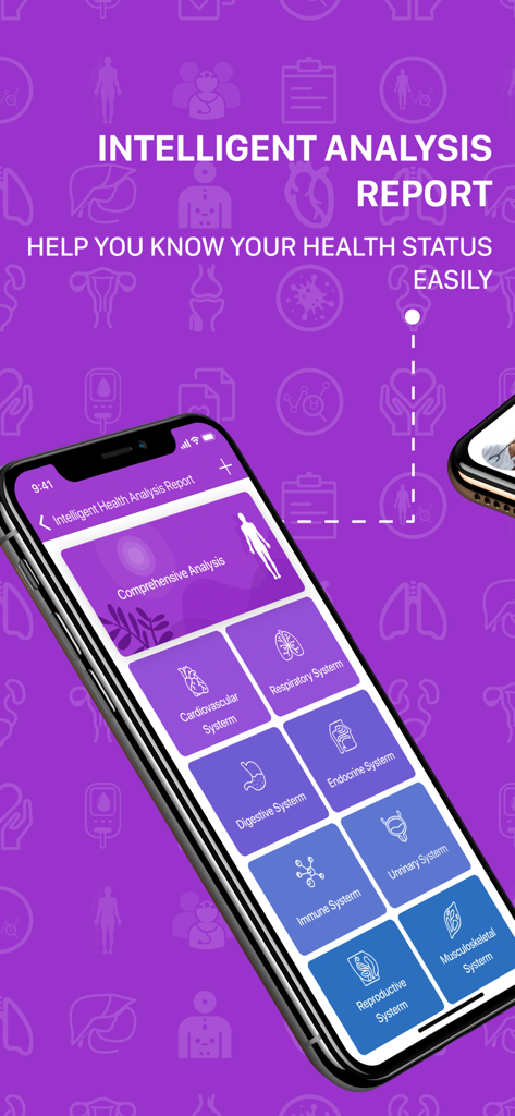 Pantalla de la aplicación móvil Dr. Here Online que muestra un informe de análisis de salud inteligente con varias categorías de sistemas corporales.