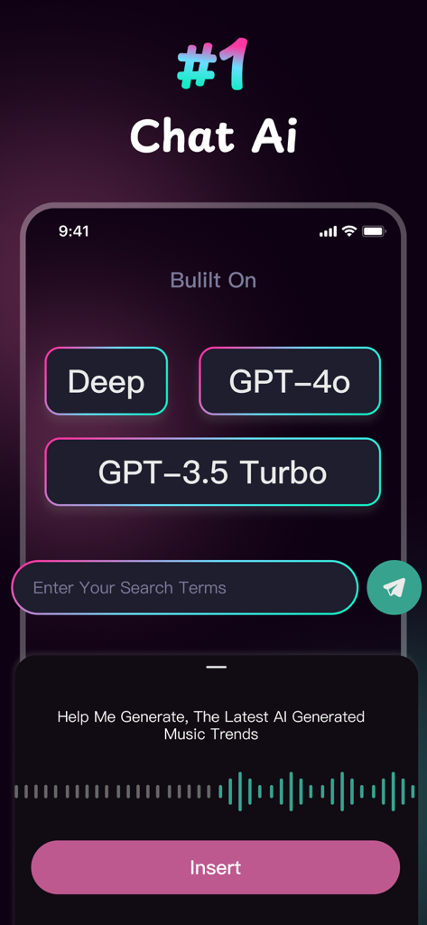 Chatbot AI Assistant, Image AI - Interfaz de la aplicación ChatOm AI que muestra botones de selección de modelos GPT-4o y GPT-3.5 Turbo sobre un fondo de neón oscuro.