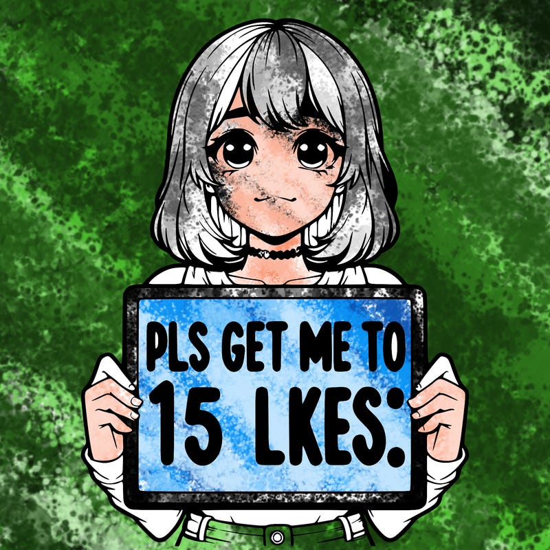 realistic girl holding up a sign that says “pls get me to 15 likes!”
