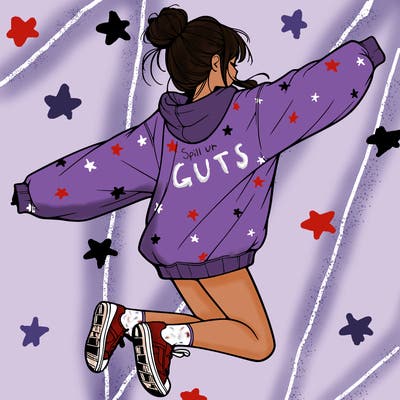 realistic girl jumping with a bun and oversized sweatshirt
