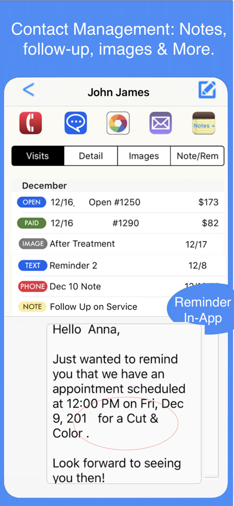 Nail Tech Schedule & Reminder - Oberfläche der Nail Tech Planer App, die die Besuchshistorie von Kunden und automatische Terminerinnerungen anzeigt