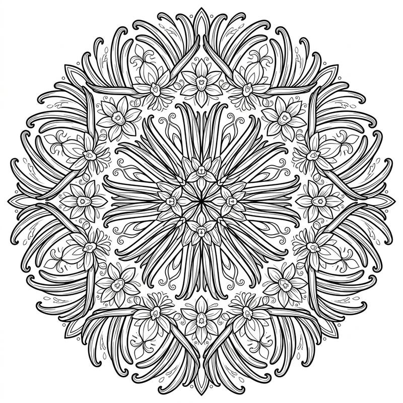Unwind with this exquisitely detailed Vanilla Bean Mandala coloring page, featuring intricate patterns of aromatic pods and delicate blossoms. Perfect for adults seeking a calming and creatively stimulating artistic escape.