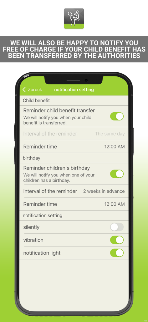 Child benefit app notification settings screen showing reminders for payments and children birthdays