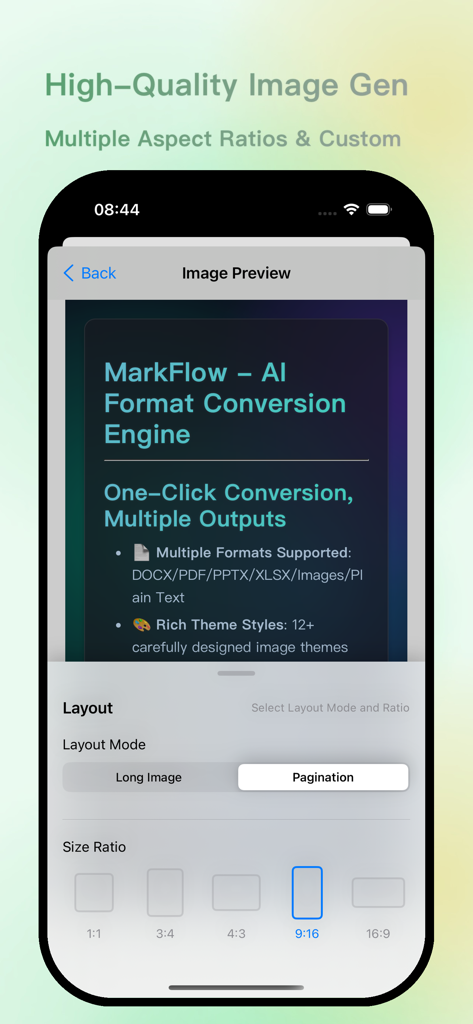 MarkFlow: AI Format Engine - Interfaz de la aplicación MarkFlow mostrando vista previa de imagen con varios modos de diseño y opciones de relación de aspecto para la conversión de documentos de IA.