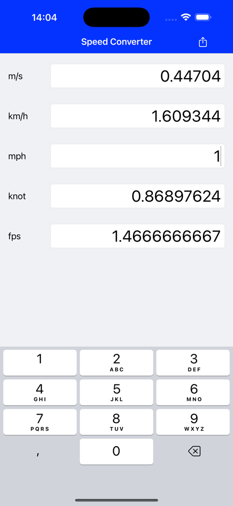 Speed Converter - Interfaccia dell'app Convertitore di Velocità che mostra i risultati di conversione per varie unità di velocità tra cui mph kmh e nodi
