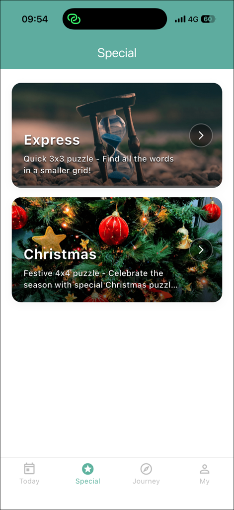 Squaredle - Squaredle mobile App-Oberfläche, die den Special-Tab mit Express- und Weihnachts-Worträtseln zeigt.