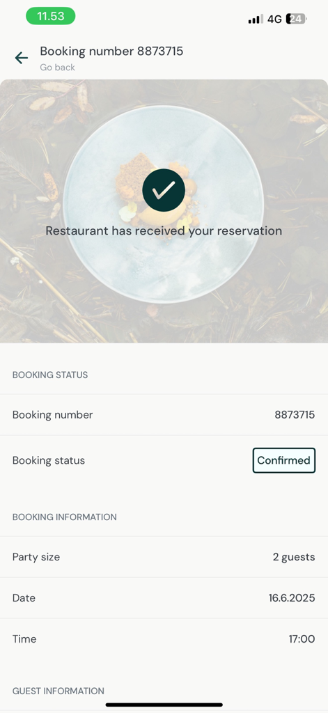 TableOnline - Reservations - A mobile screen showing a confirmed restaurant booking on TableOnline with reservation details for two guests.