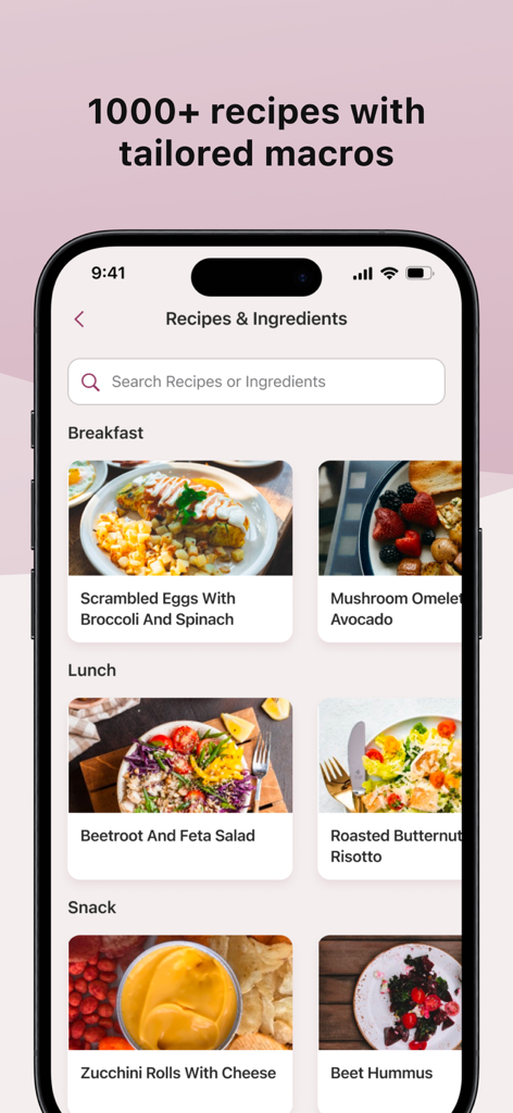 Athli app interface showing a variety of healthy recipes with tailored macros for female fitness and nutrition