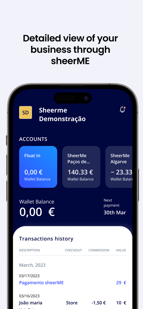 sheerME Pro - Painel de negócios do aplicativo sheerME Pro mostrando saldos de carteira e histórico de transações