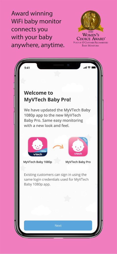 iPhone screen displaying the MyVTech Baby Pro app welcome message and award badge