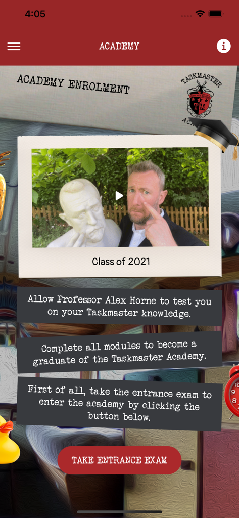 Taskmaster The App - Taskmaster Academy enrollment screen featuring Alex Horne and a button to take the entrance exam.
