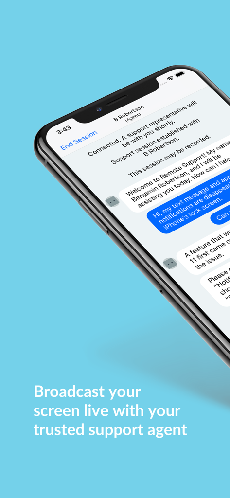 Mobile app interface of GoToAssist showing a live chat session for remote technical support and screen sharing