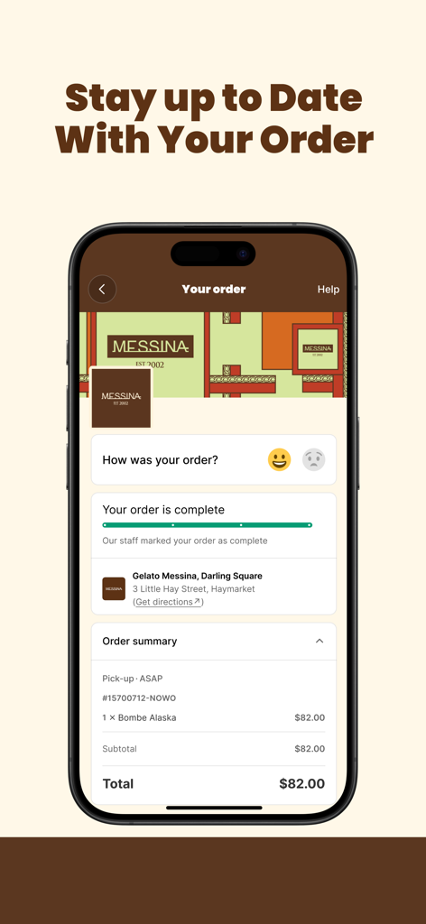 Gelato Messina - A mobile interface from the Gelato Messina app showing a completed order status and order summary for a cake.