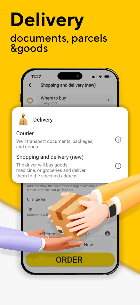 Omega: taxi service - Pantalla de entrega de la aplicación Omega que muestra opciones para servicios de mensajería y compras para paquetes y productos