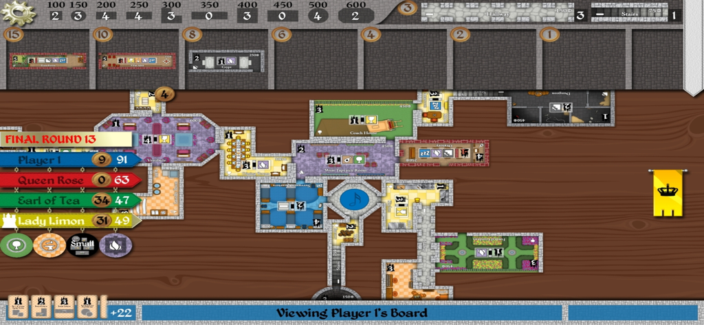 Castles of Mad King Ludwig - Un diseño de castillo digital y un marcador en la aplicación del juego de mesa Castles of Mad King Ludwig.