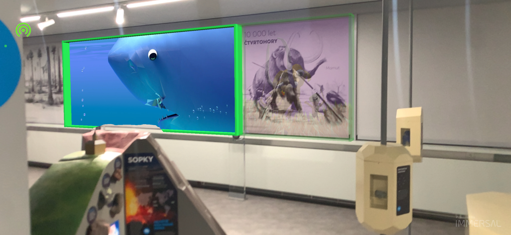 Augmented reality display of a prehistoric sea creature at a museum exhibit