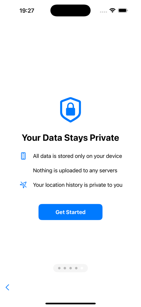 Privacy onboarding screen for the Time at Location app showing local data storage features