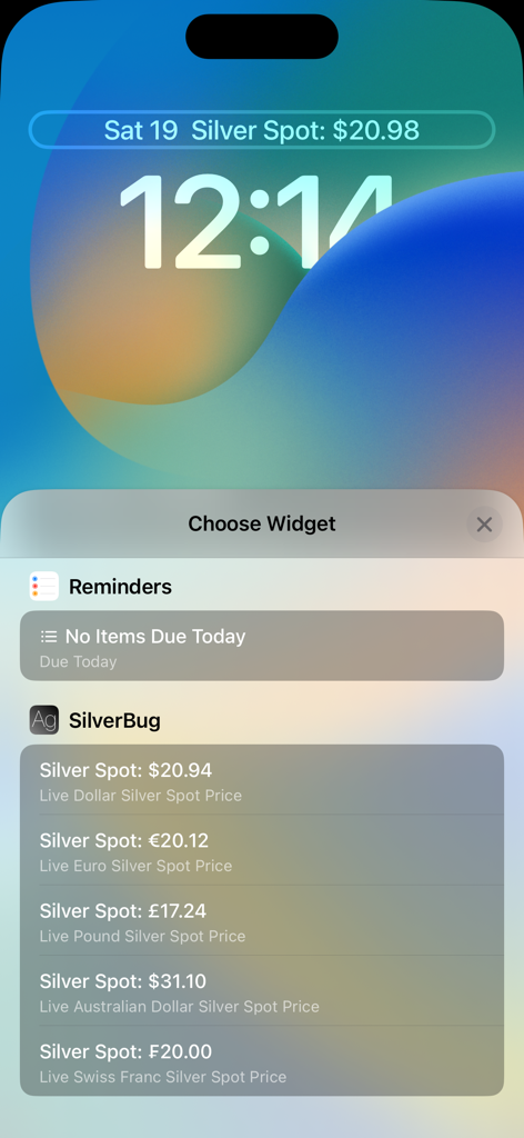 iPhone lock screen showing SilverBug widget selection for live silver spot prices in multiple currencies