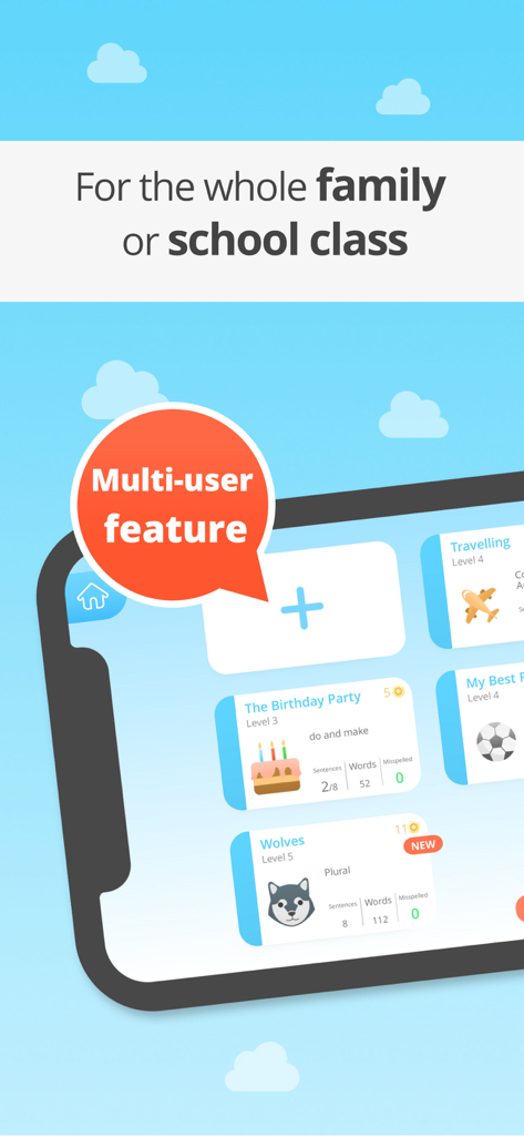 Interfaccia dell'app di ortografia EASY peasy che mostra la funzione multi-utente per famiglie e classi scolastiche