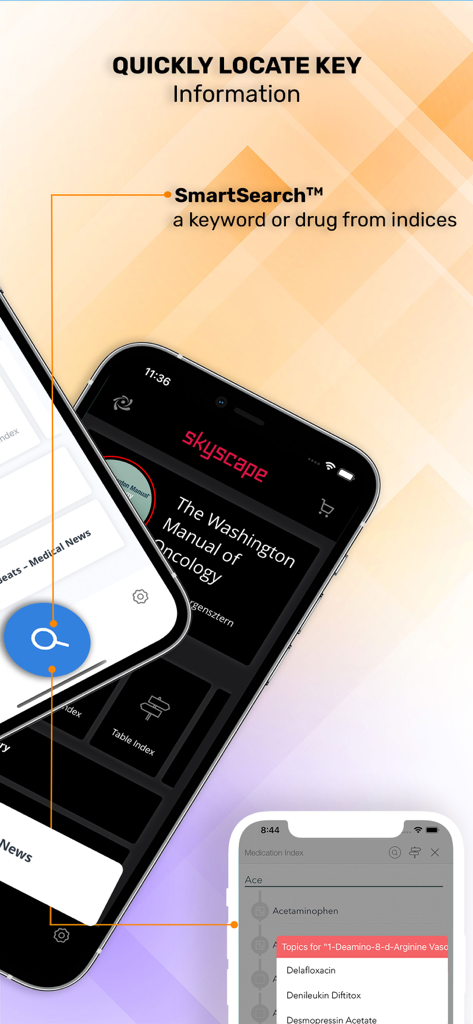 Washington Manual of Oncology - A promotional graphic showing the Washington Manual of Oncology app interface with a highlight on its SmartSearch tool for finding medical terms and drugs