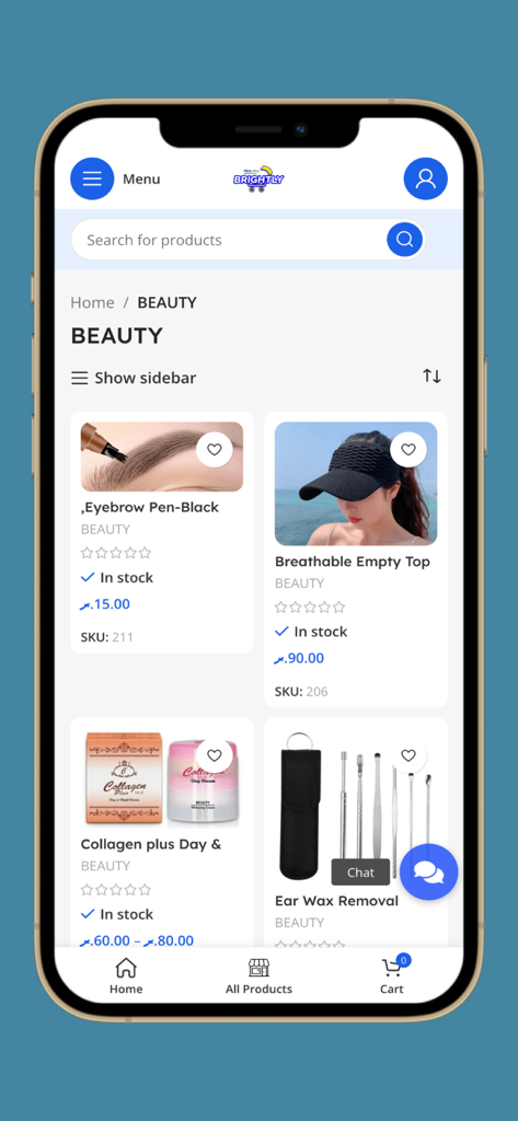 Screenshot of the Brightly MV mobile app showing the beauty product category