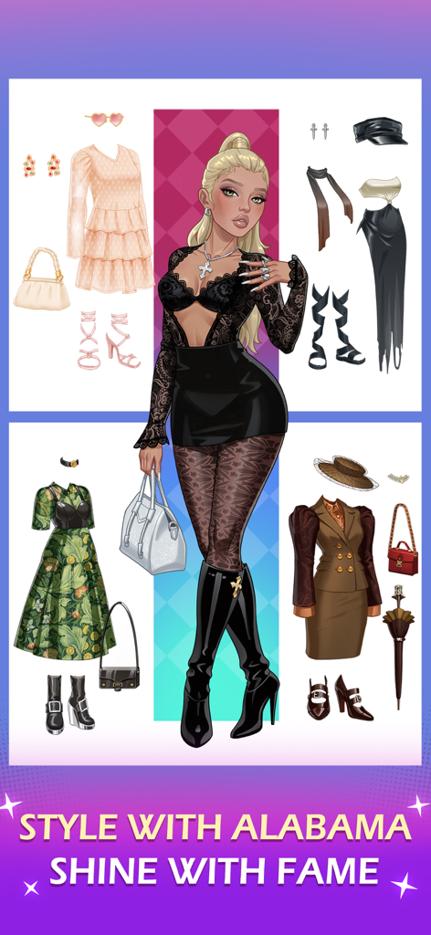 Influencer Story: Rise to Fame - 드레스, 가방, 신발을 포함한 다양한 패셔너블한 의상 옵션에 둘러싸인 여성 아바타 앨라배마