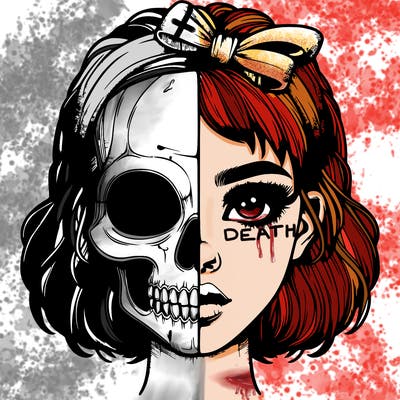 realistic girl with half skull mask