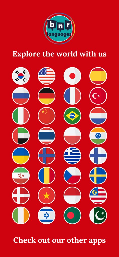 A screen displaying a variety of national flags representing different language learning apps offered by BNR Languages.