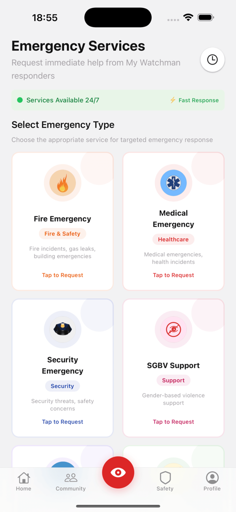 My Watchman - My Watchmanアプリの緊急サービスメニュー。火災、医療、警備、SGBVサポートのオプションが表示されています。