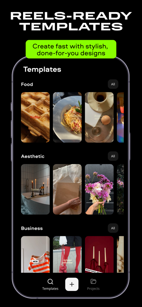 Interfaccia dell'app Movavi che mostra vari modelli di video per reel, inclusi quelli di estetica alimentare e categorie aziendali