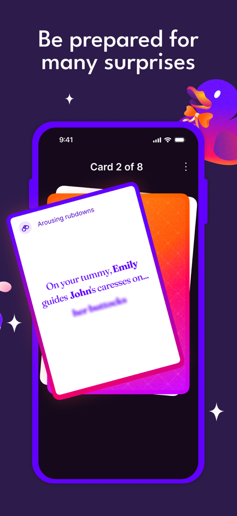 koopla - Naughty Couple Game - Un aperçu de la fonctionnalité de cartes coquines dans l'application koopla, montrant un défi intime personnalisé pour un couple.