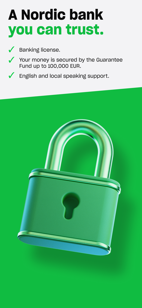 Lunar app screen showing security features including banking license and deposit guarantee fund information with a green padlock graphic