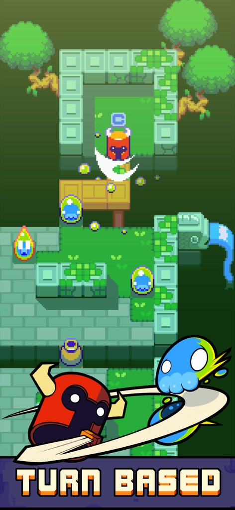 Rust Bucket - Personagem herói de Rust Bucket atacando um lodo azul em uma masmorra pixel art