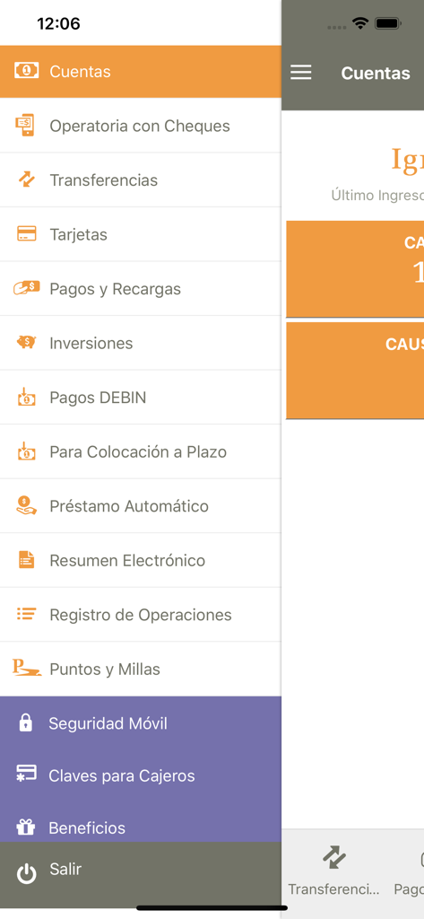 Menú de navegación de la aplicación Credicoop Móvil Empresas que muestra varias opciones de banca comercial