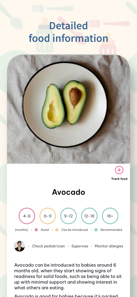 Informations nutritionnelles détaillées sur l'avocat dans l'application Little Foodie avec recommandations d'âge et conseils de sécurité