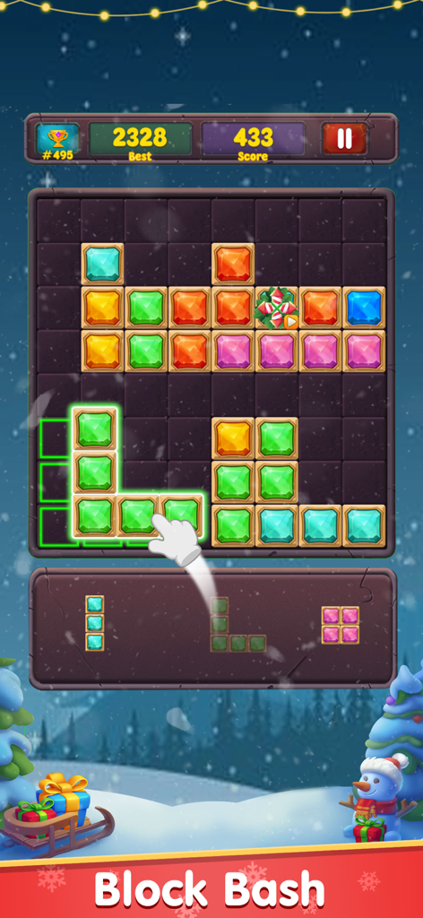 Block Puzzle Z Classic 1010 - Block Puzzle Z Classic 1010 gameplay showing jewel blocks on a winter themed grid with a hand dragging a piece