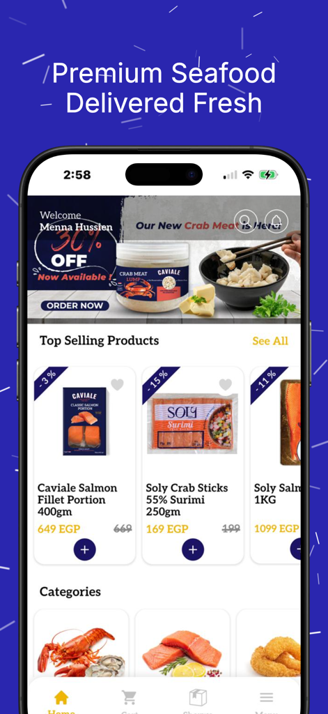 Maxim Seafood - Maxim Seafood mobile app home screen featuring premium fresh seafood products and top-selling items.