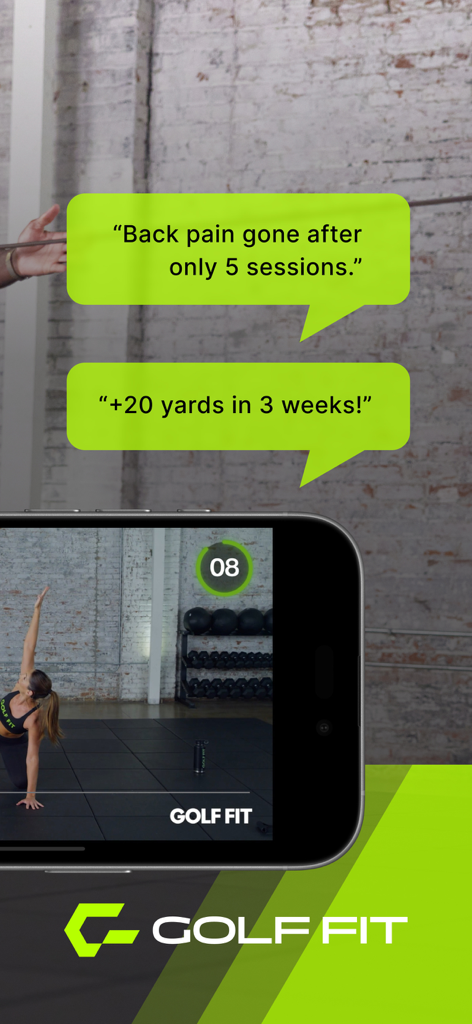 Golf Fit - Golf Fit app screen showing workout video and user testimonials for back pain relief and increased driving distance.