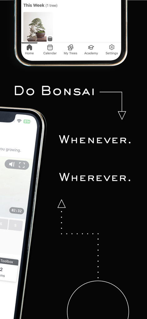 Mirai Mobile - Smartphone-Bildschirme, die die Mirai Mobile App-Oberfläche für Bonsai-Bildung und -Tracking auf schwarzem Hintergrund zeigen.