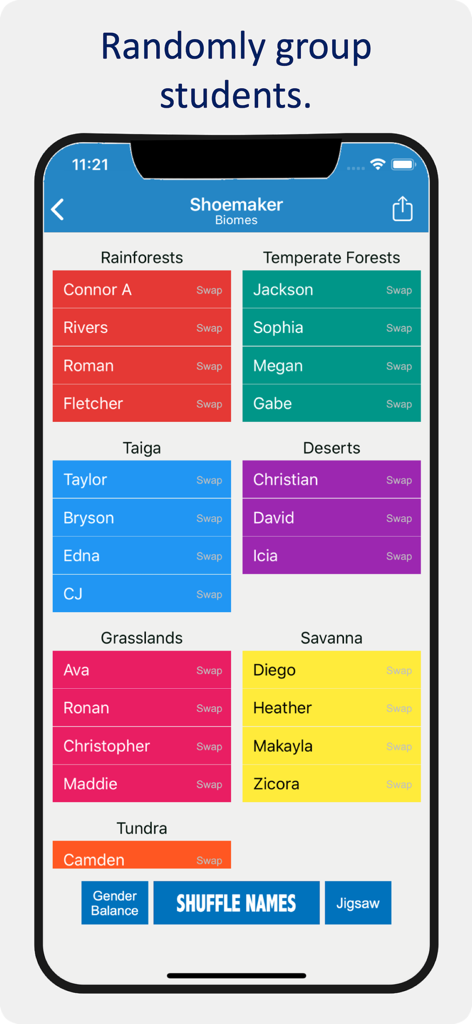 Mobile app interface showing students randomly assigned to colored biome groups for classroom activities
