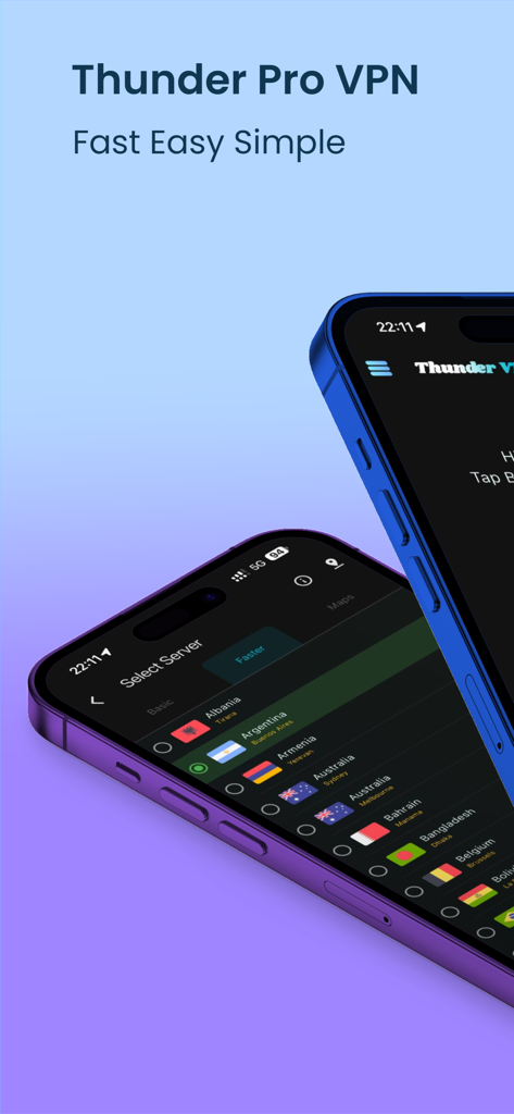 Thunder Pro: Faster VPN - Interface de l'application VPN Thunder Pro sur iPhone montrant les emplacements des serveurs