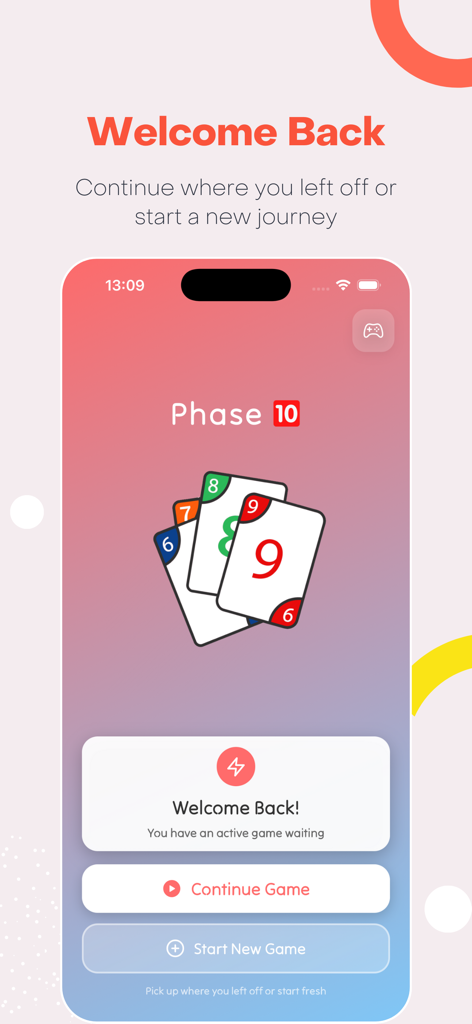 Phase 10 Scoreboard - Phase 10 Scoreboard welcome screen with options to continue or start a game