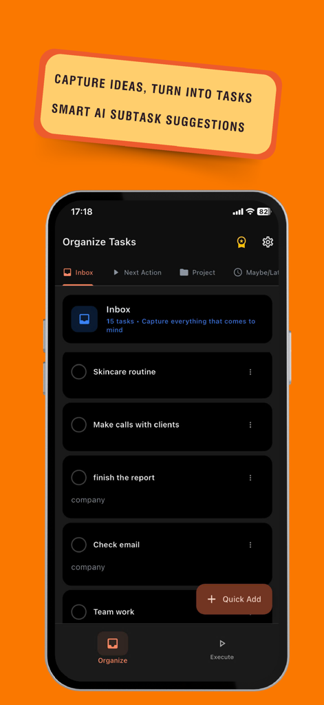 GTD Plannerアプリのインターフェース。クライアントの電話やレポートを含むタスクのリストが受信トレイに表示されています。